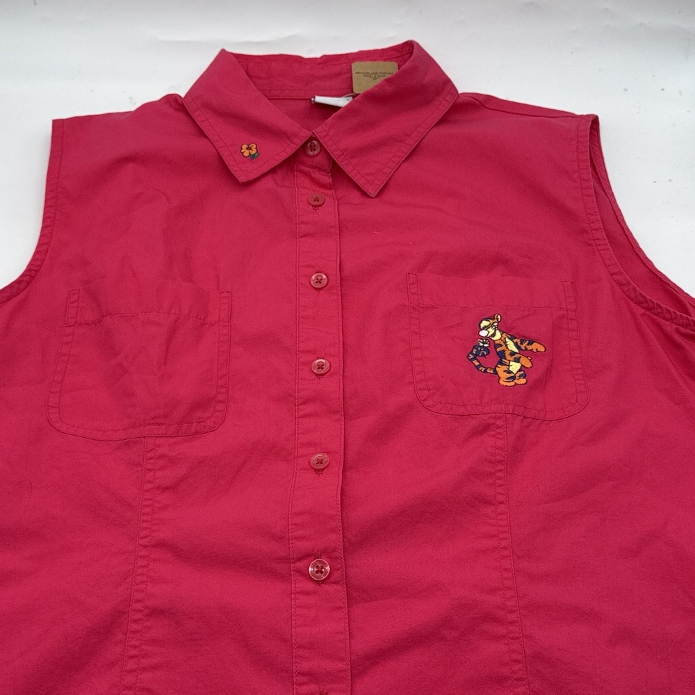 Vintage Disney‎ Button Top Blouse XL Pink Tigger Embroidered Collared Sleeveless